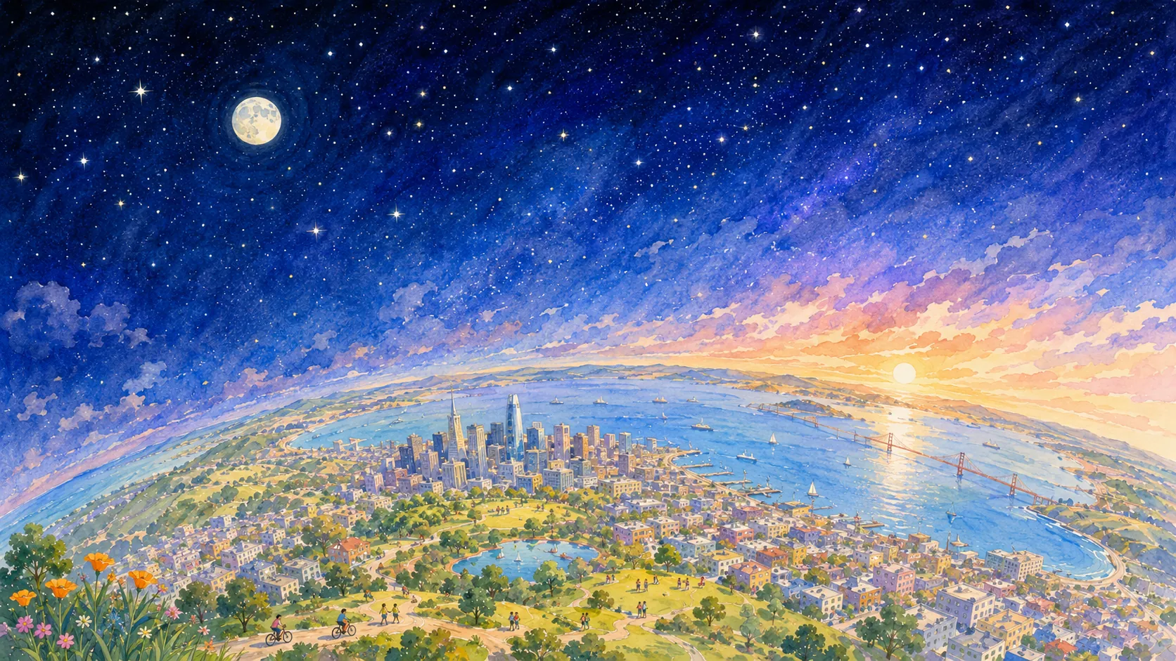 Una ciudad vista desde el cielo al atardecer: la noche estrellada de un lado, el amanecer del otro.